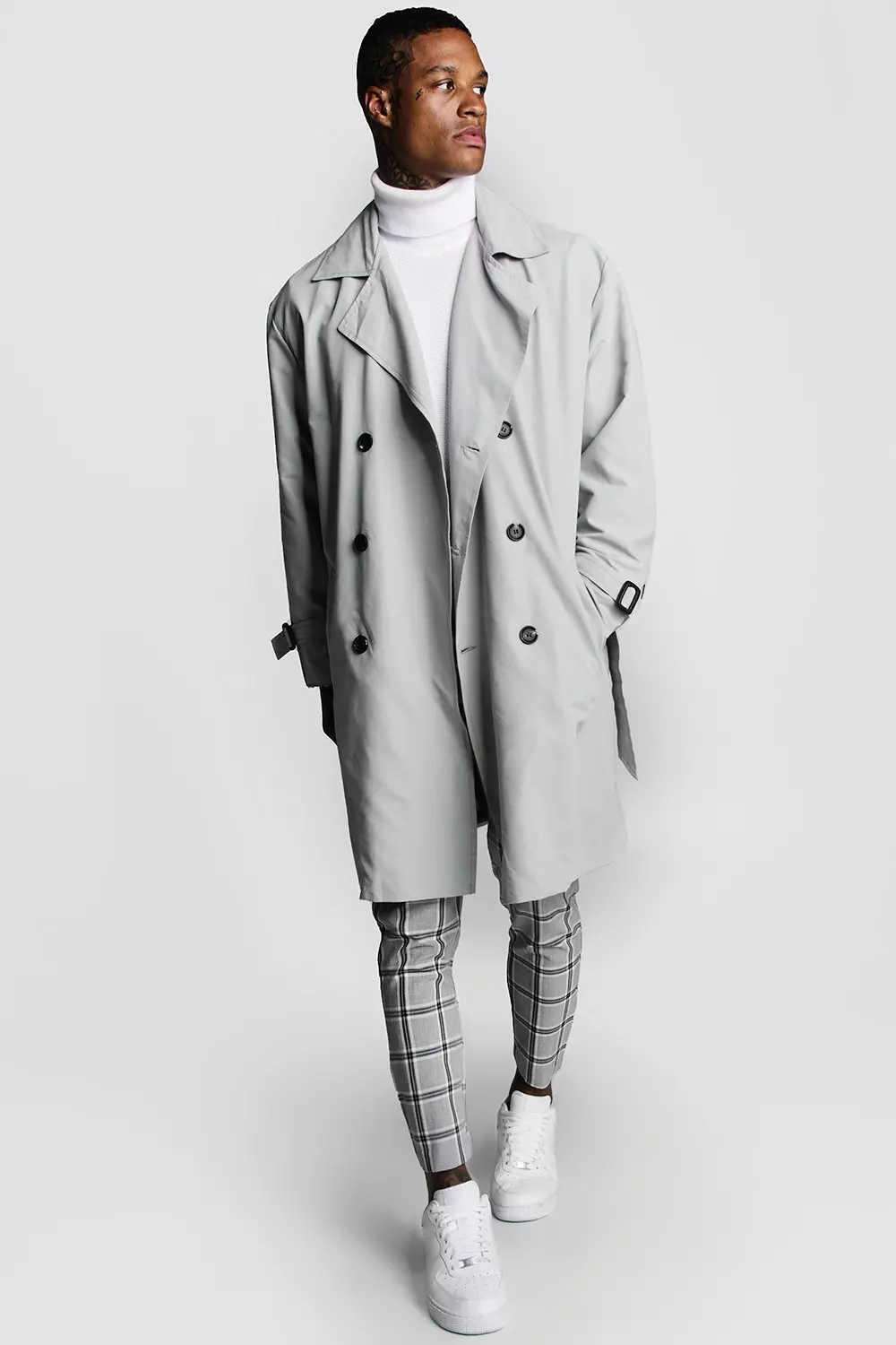 Check lined trench discount coat